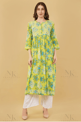 Noorkasni Hand Embroidered Aline printed cotton mulmul Kurti - NoorKasni Collections